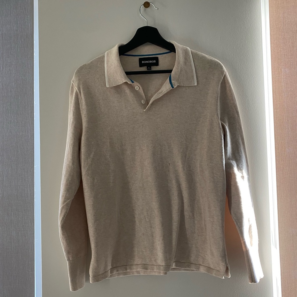 Bonobos 100% cotton long sleeve polo, oat, size S